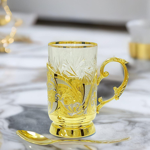 Позолоченный подстаканник со стаканом "Узорный". Златоуст